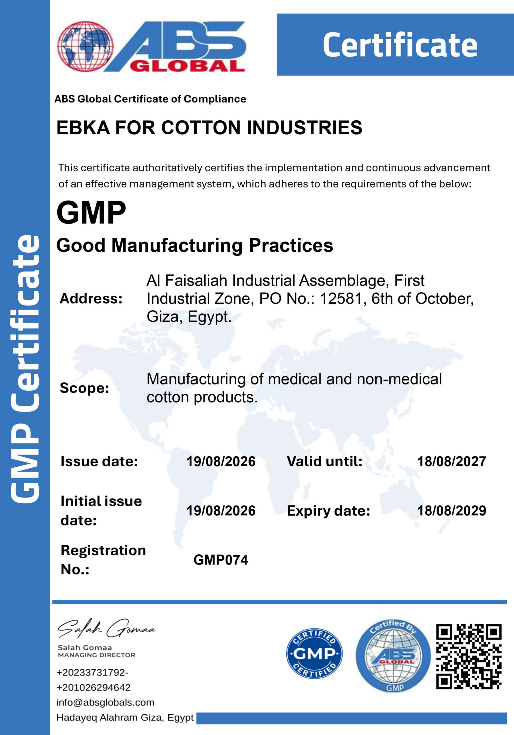 EBKA for Cotton Industries GMP certificate