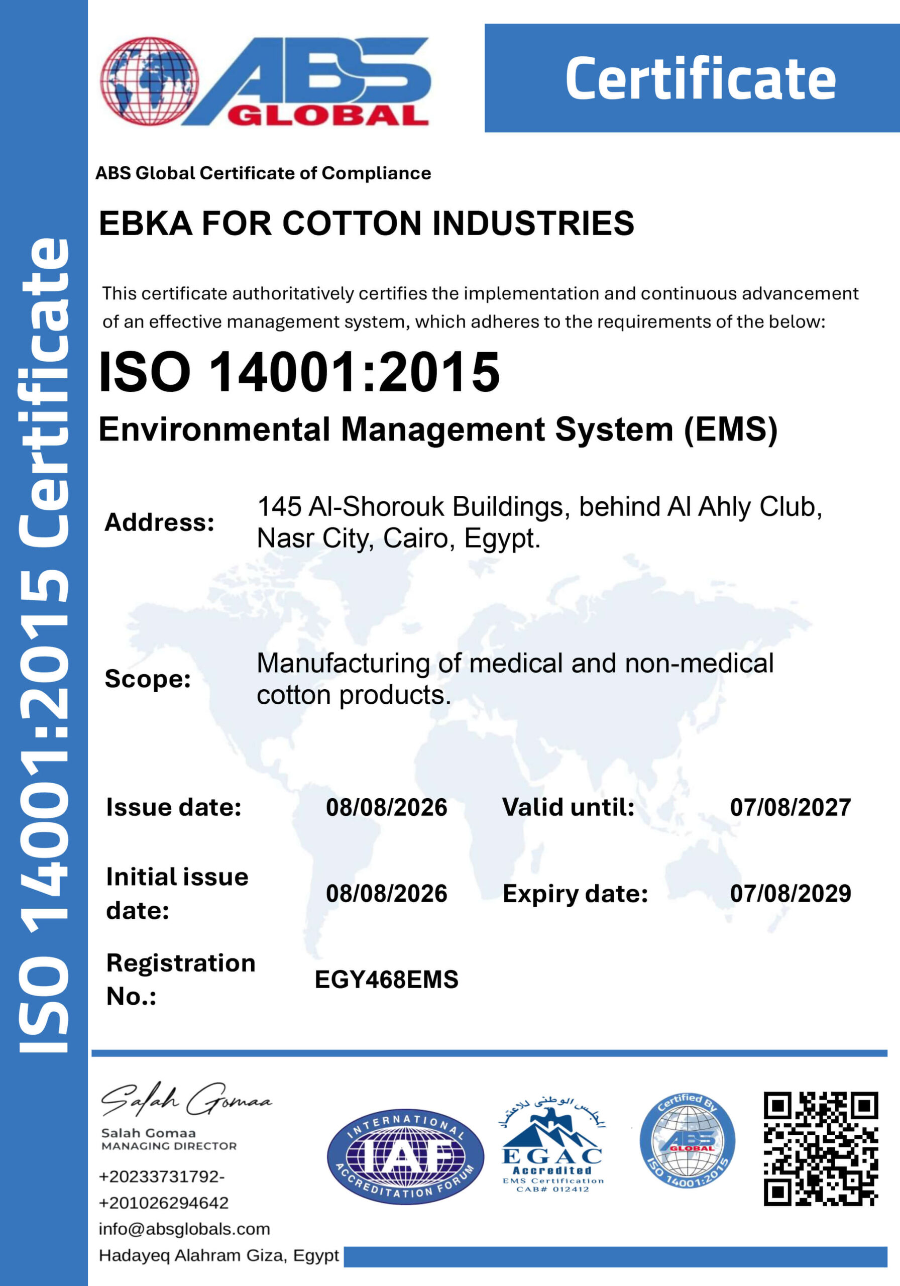 EBKA for Cotton Industries ISO 14001:2015 certificate